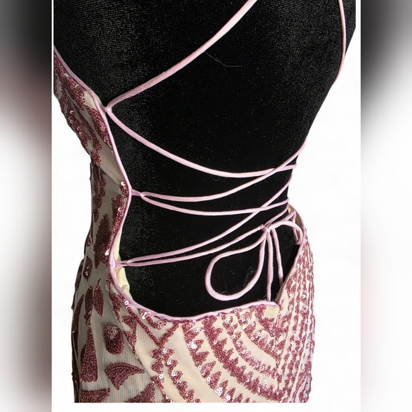 Allie Blu Pink/Cream Sequin Halter Backless Lace-up  Bodycon Formal Prom Dress - Picture 6 of 13
